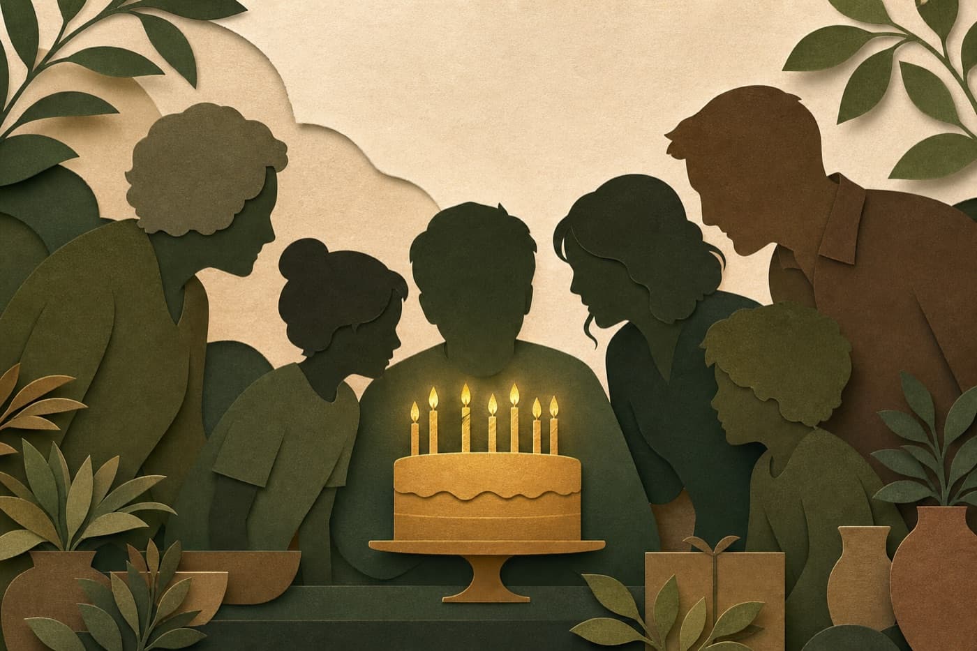 Illustrated silhouettes celebrating a milestone birthday with cake and cheers