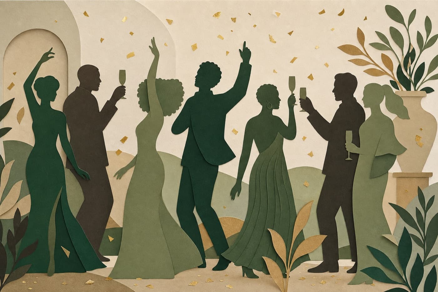 Illustrated silhouettes of a diverse group celebrating together — dancing, cheering, and toasting