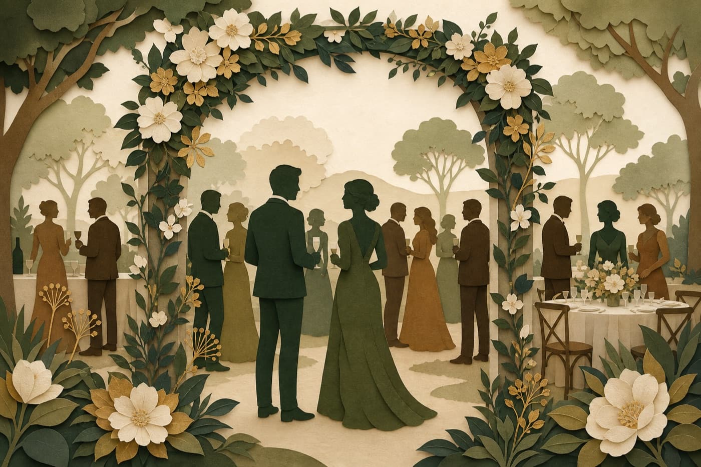 Illustrated silhouettes of guests mingling at an outdoor garden reception