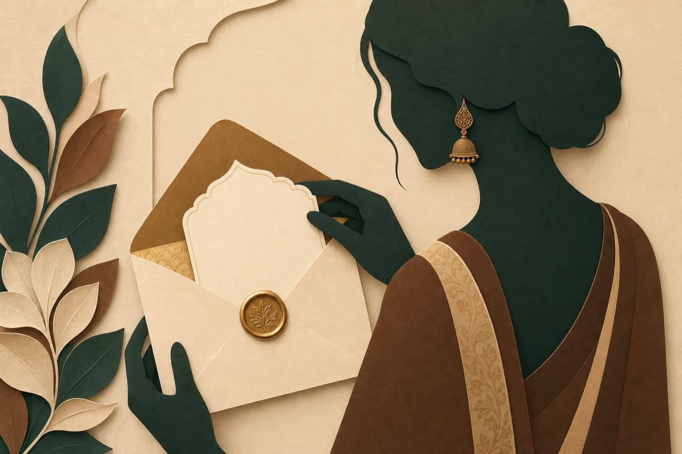 Illustrated silhouette opening an elegant invitation envelope with a gold seal