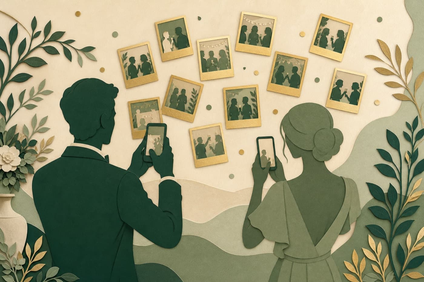 Illustrated silhouettes of guests capturing photos with floating golden frames