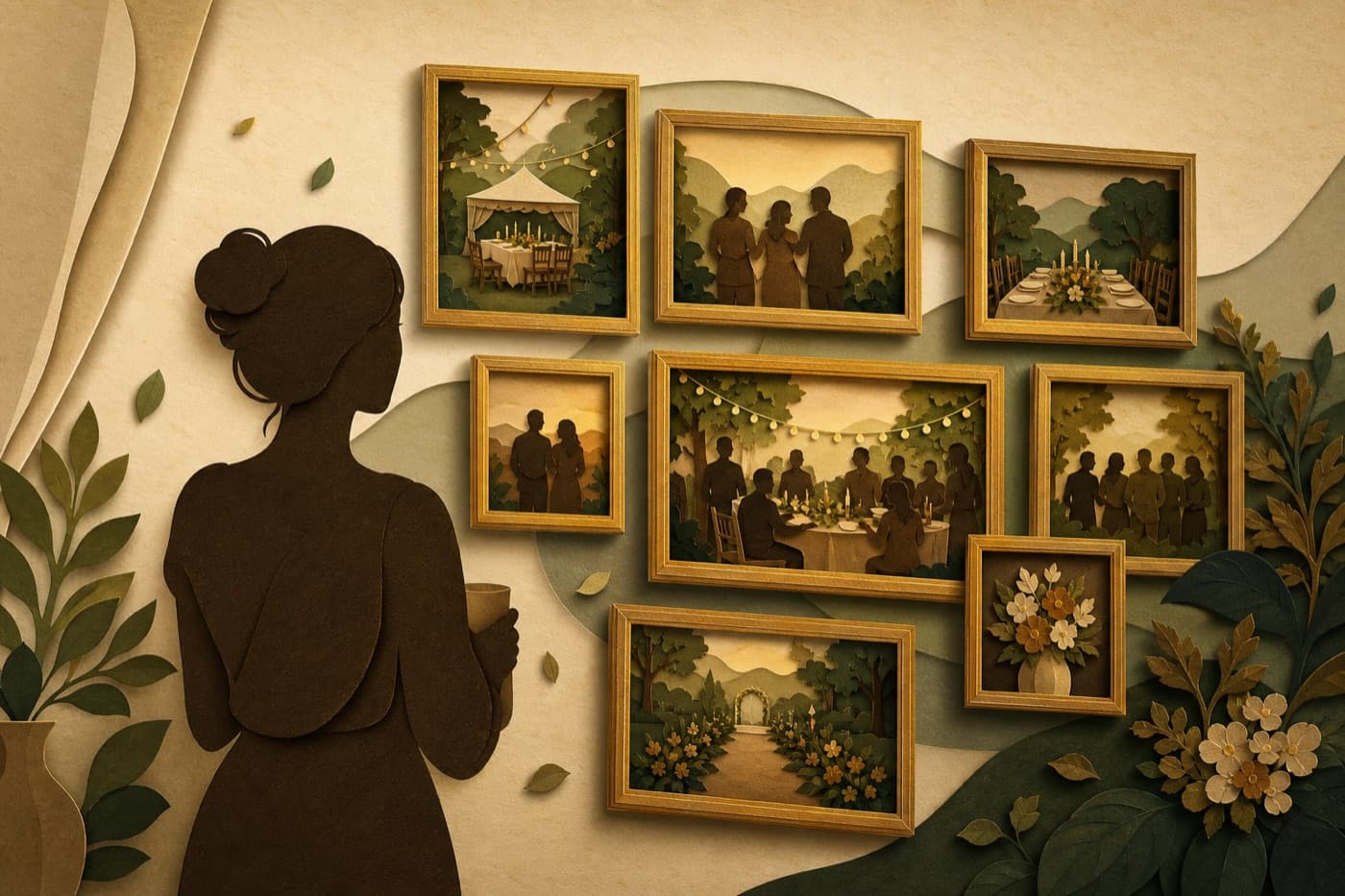 Illustrated silhouette viewing a collage of cherished celebration photographs