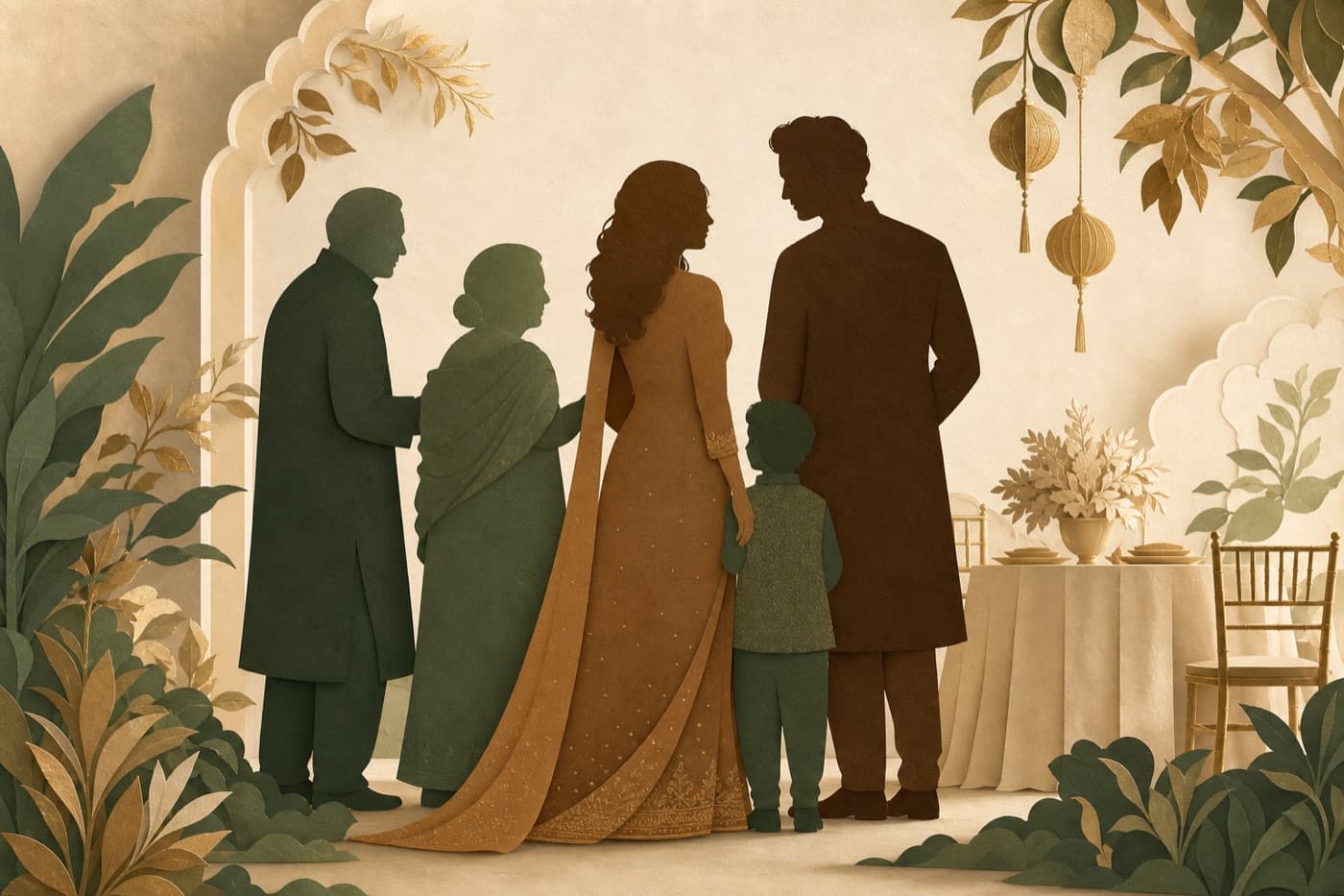 Illustrated silhouettes of a multi-generational family at a celebration