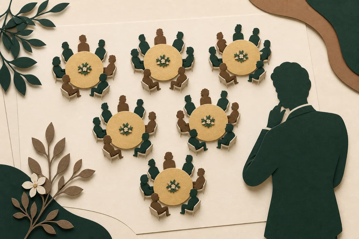 Illustrated silhouettes arranged around reception tables on a seating plan