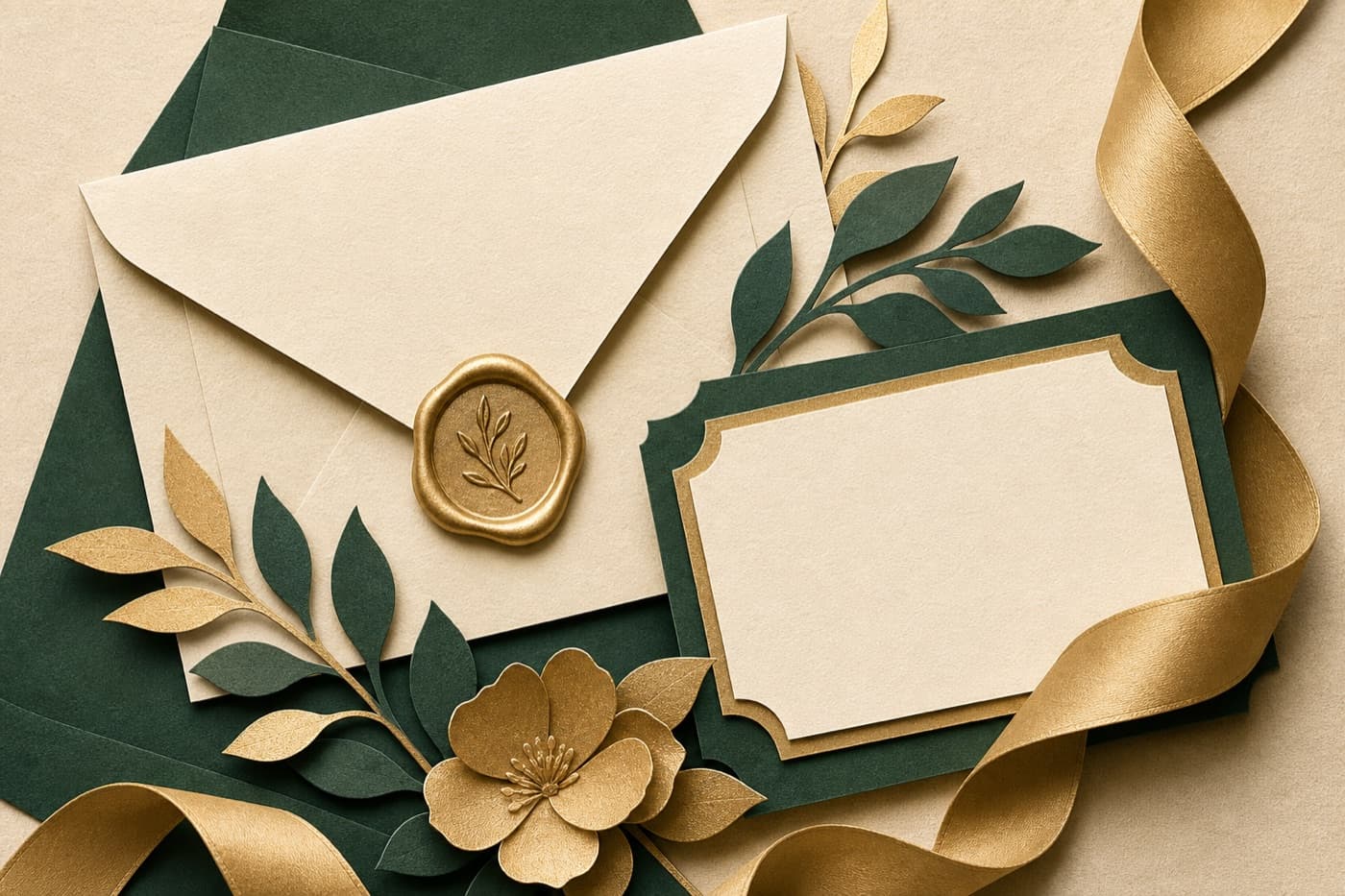 Illustrated luxury event stationery with envelope, wax seal, and place card