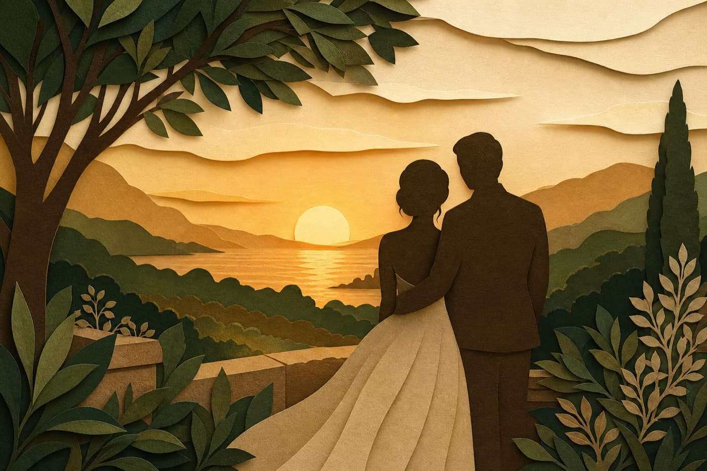 Illustrated silhouettes of a couple watching a golden sunset after their celebration