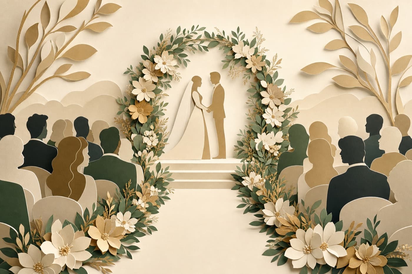 Illustrated silhouettes of a couple at the altar with seated guests in a ceremony aisle