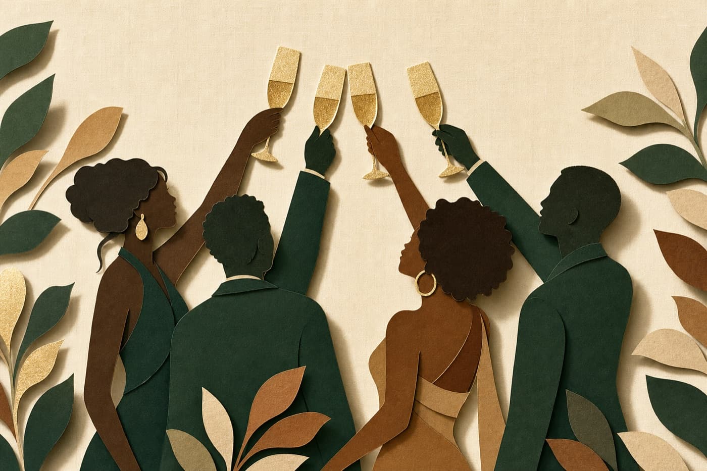 Illustrated silhouettes of diverse guests raising glasses in a toast
