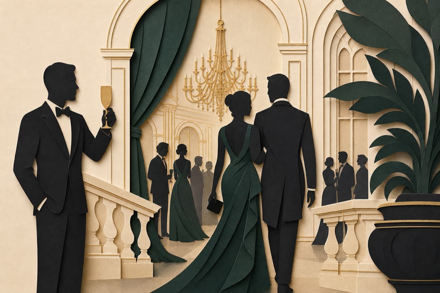 Illustrated silhouettes of formally dressed guests at an elegant gala