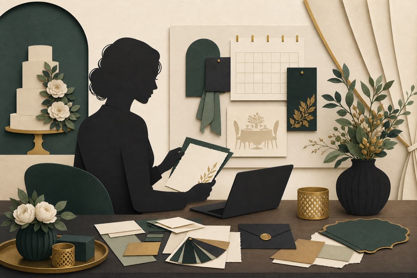Illustrated silhouette of an event planner reviewing materials at a refined desk
